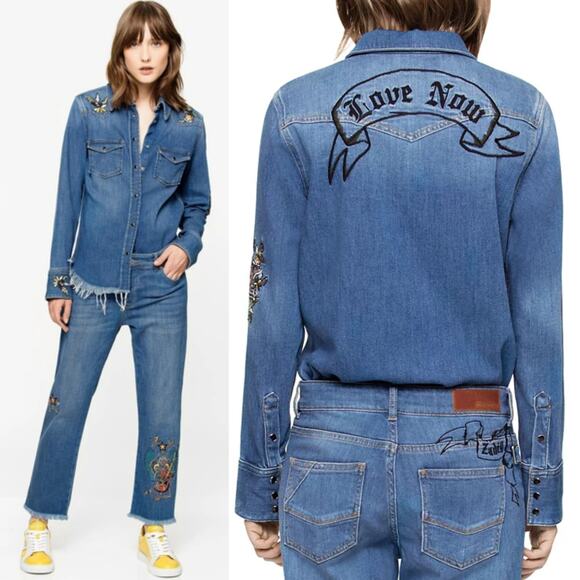 Zadig & Voltaire Deluxe Thelma Love Now Embroidery Western Denim Button Shirt XS - Picture 3 of 15